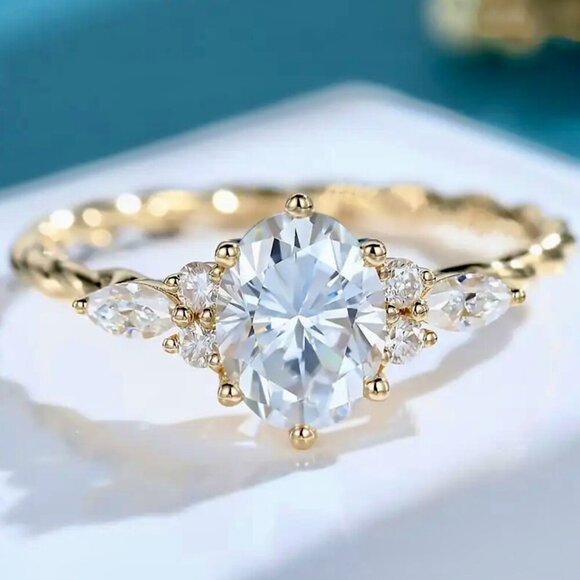 14K Gold Plated Oval Ring Crystal Engagement Promise Wedding Bridal Dainty - Picture 2 of 3